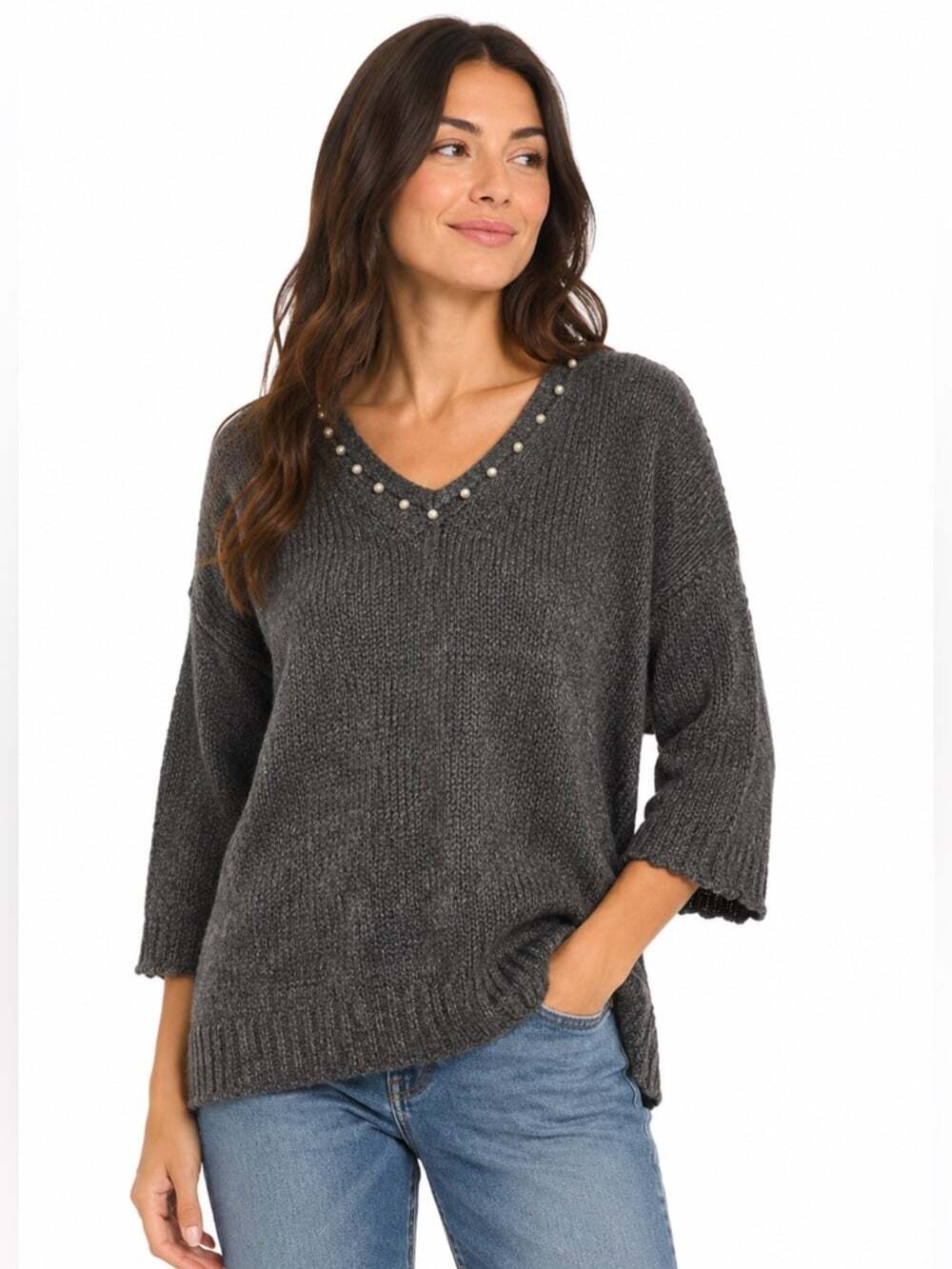 Molly Bracken Grey Knit Pullover Sweater Small Pearl Embellished Cozy Soft Fall
